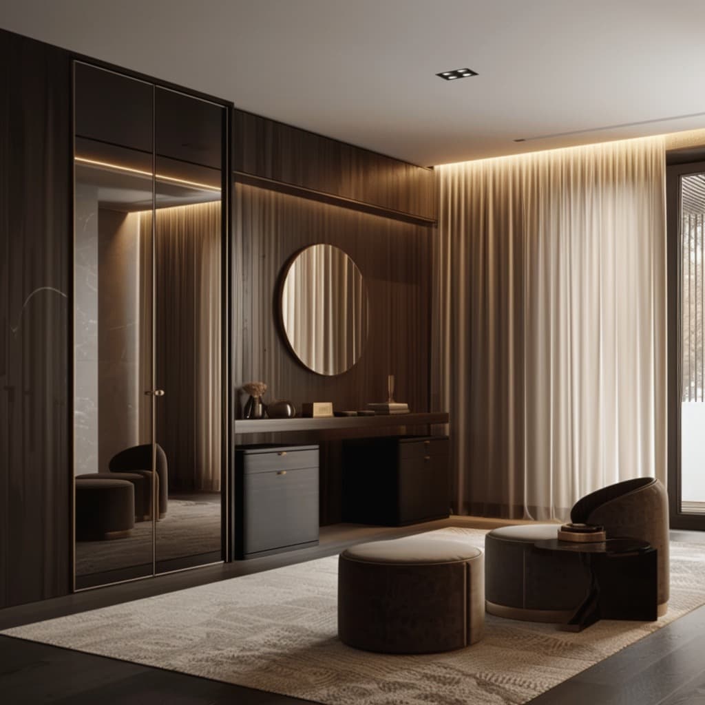 Vestidor elegante con tocador, espejo redondo y cortinas de diseño