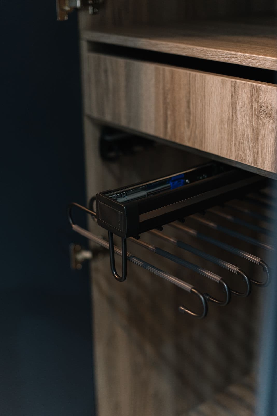 Detalle de accesorio extraíble para corbatas en vestidor de madera